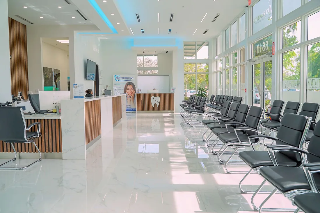 The bright lobby and waiting room of Metropolitan Medical Centers