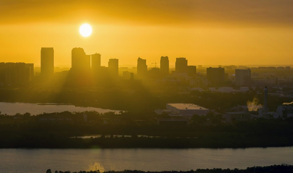 Aerial view of downtown district of Tampa city in Florida, USA at sunset.