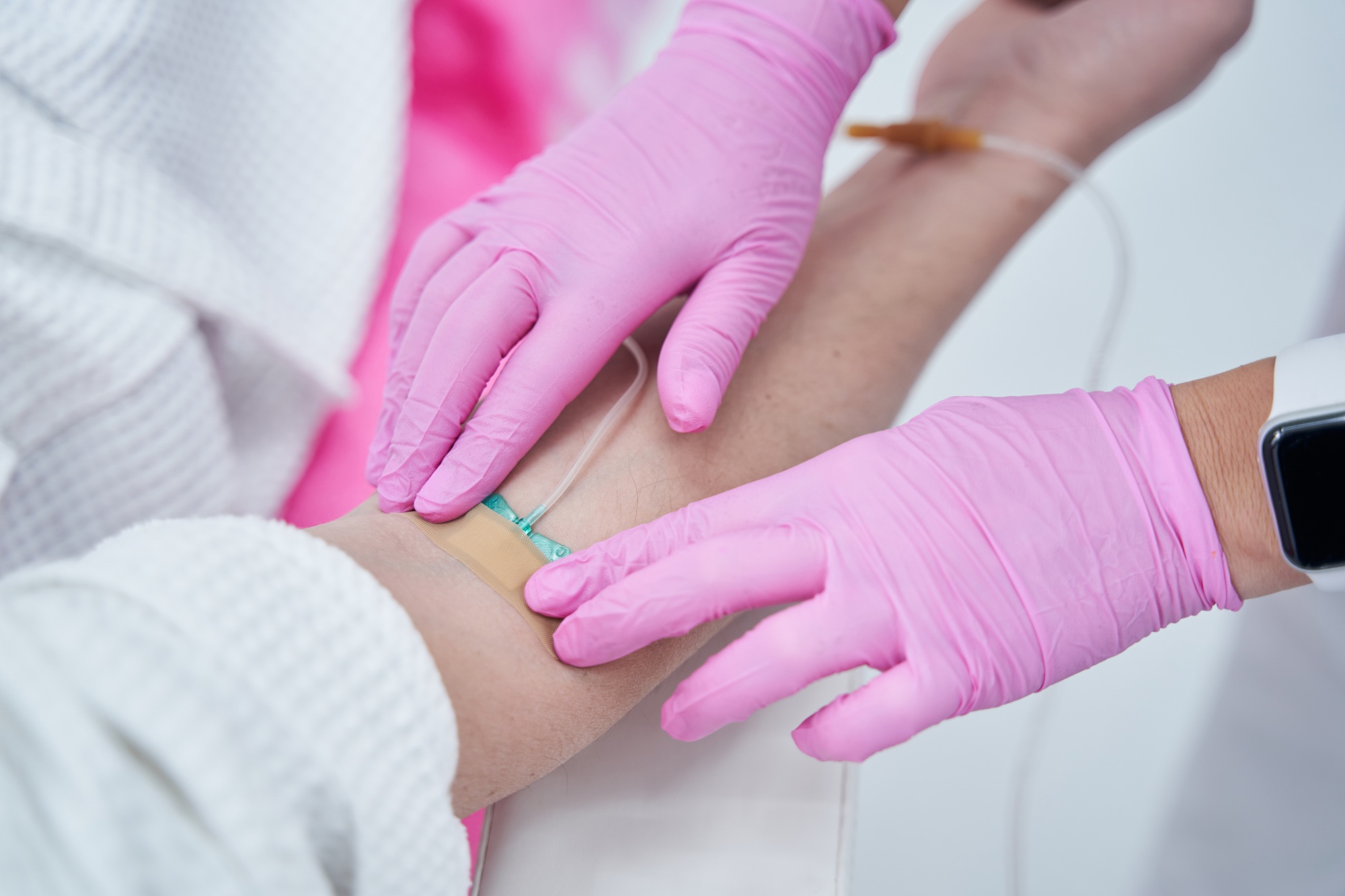 Close up photo of IV infusion in wellness clinic