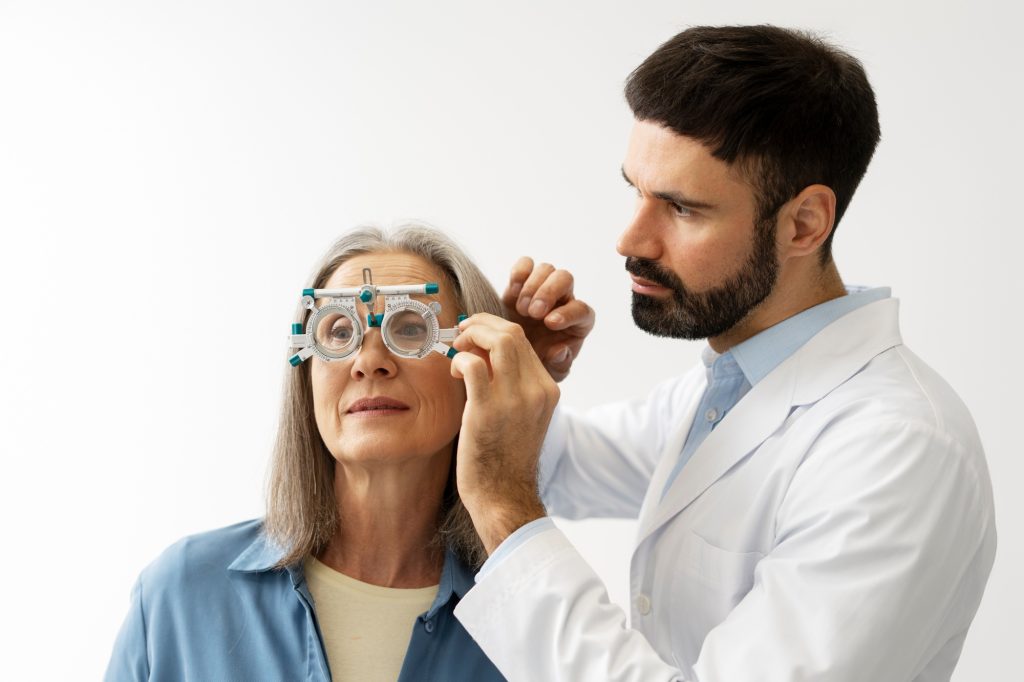 Optometrist examining senior woman's vision with phoropter during eye exam