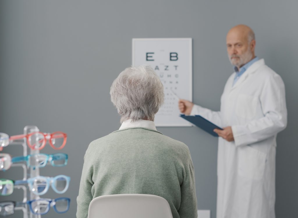 Senior woman testing her vision