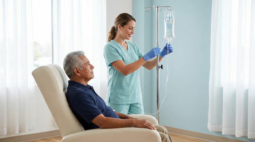 Nurse administering IV hydration therapy to a senior patient at Metropolitan Medical Centers in Tamarac, Broward County Florida