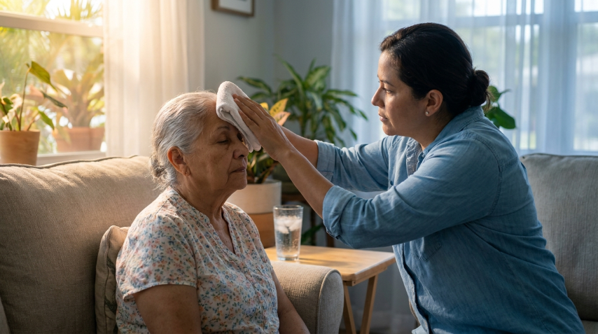 Adult daughter applying a cool cloth to her elderly mother's forehead during a heat emergency in a South Florida home