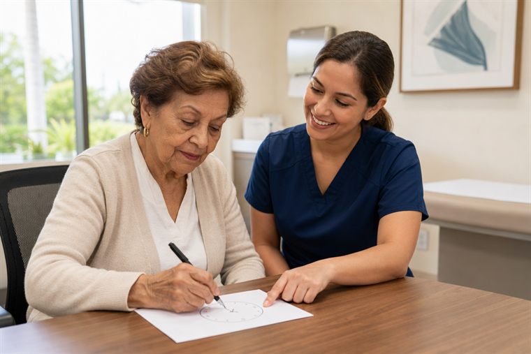 Senior patient completing a cognitive screening test with a primary care nurse practitioner during a Medicare Annual Wellness Visit in Tamarac, Florida