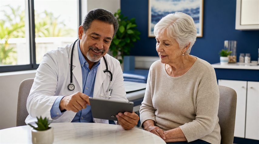 9 Things Covered in Your Medicare Annual Wellness Visit in Broward County 1 Hispanic primary care doctor reviewing chart on tablet with senior patient during Medicare Annual Wellness Visit in Tamarac Florida