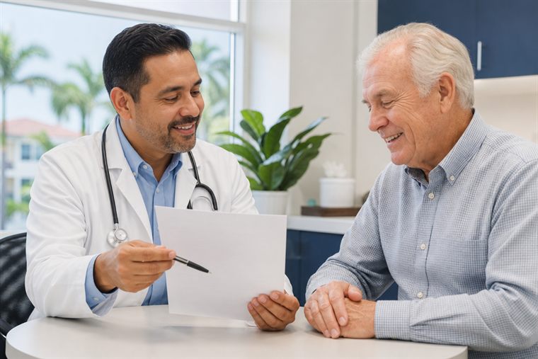 Doctor reviewing a personalized prevention plan with a senior patient during a Medicare Annual Wellness Visit at Metropolitan Medical Centers in Tamarac, Florida
