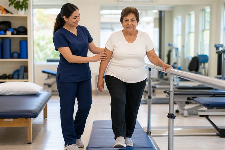 Senior in Broward County practicing balance exercises with a physical therapist to prevent falls