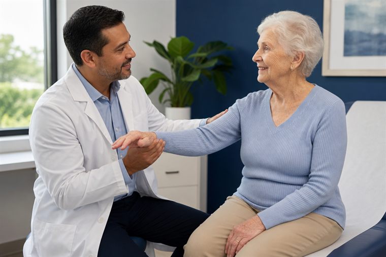 Doctor examining senior patient during a comprehensive fall risk assessment in Tamarac, Florida