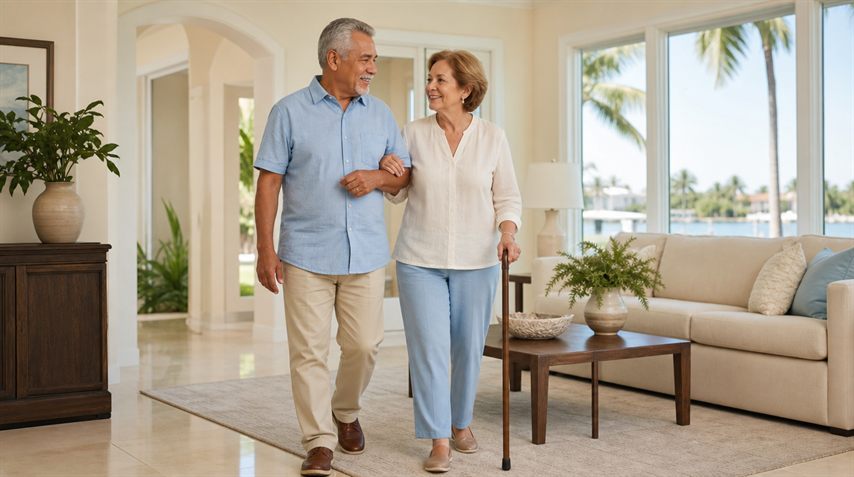 9 Proven Fall Prevention Strategies for Seniors in Broward County 2 Healthy senior couple walking confidently with cane through safe South Florida home