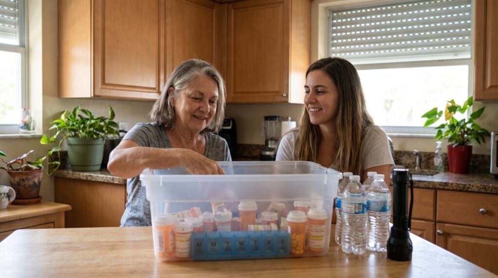 Latina senior and her adult daughter organizing a hurricane emergency medication kit in a Broward County home
