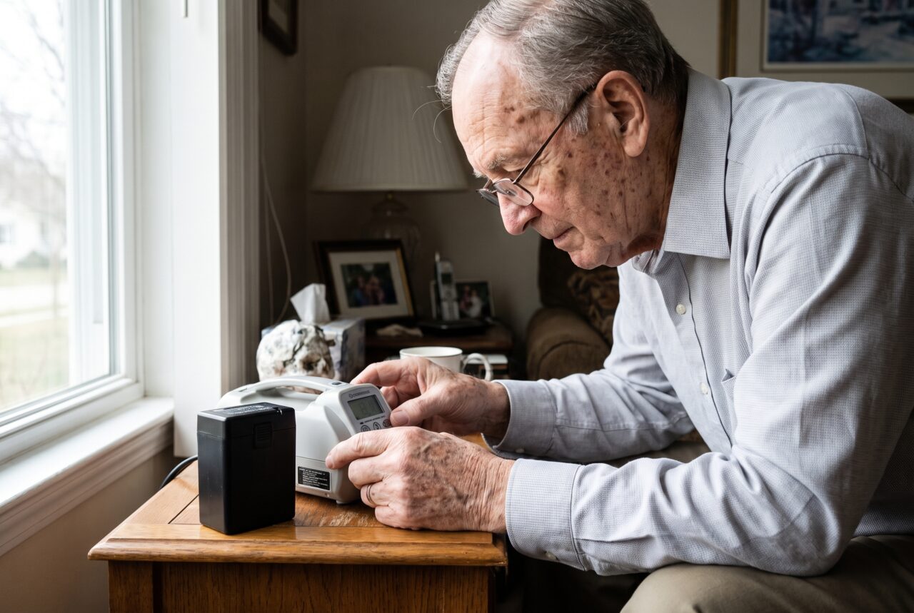 Senior man in Broward County checking a portable oxygen concentrator and spare battery before a hurricane
