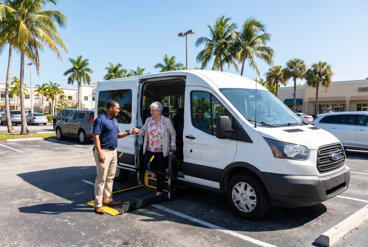 Aide helping a senior woman board a wheelchair-accessible medical transport van in Tamarac, Florida