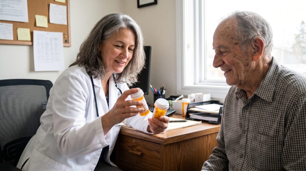 Bilingual physician reviewing prescription bottles with a senior patient during a medication review in Tamarac