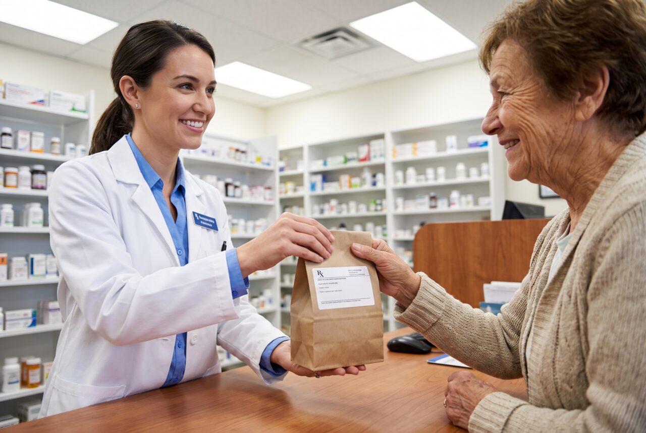 Pharmacist handing a labeled medication bag to a senior woman at an in-clinic pharmacy in Tamarac