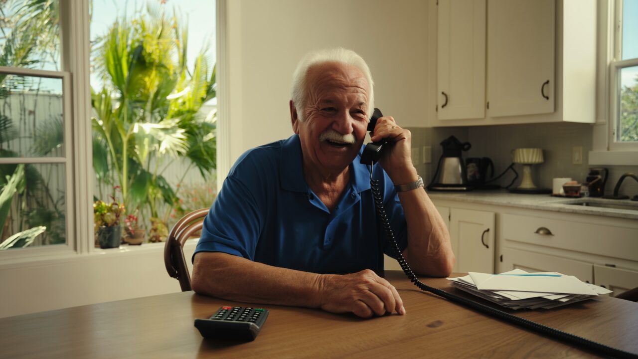 Relieved senior man on the phone at his kitchen table after getting help paying his Medicare Part B premium