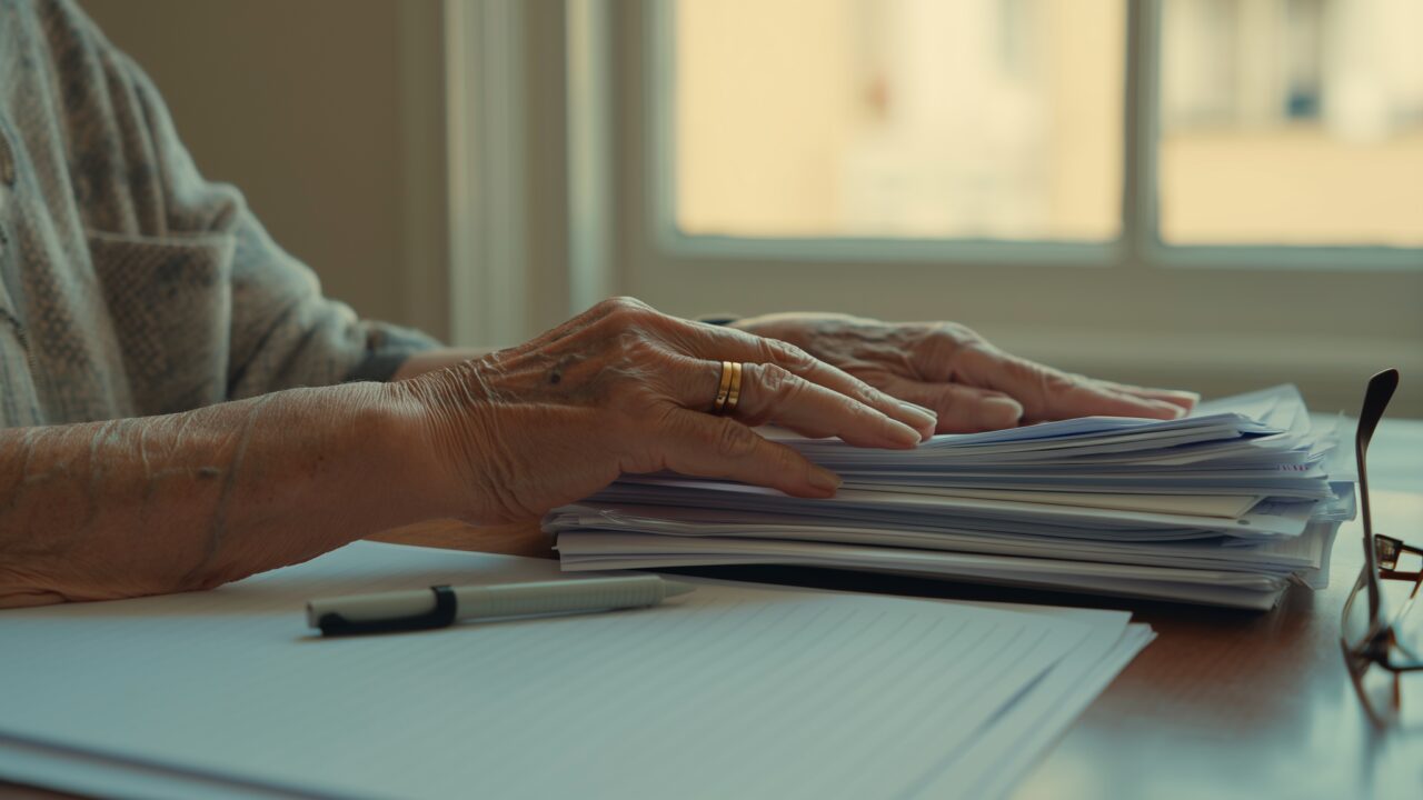 Hands of a senior woman resting on Medicare Savings Program paperwork at a desk in Florida