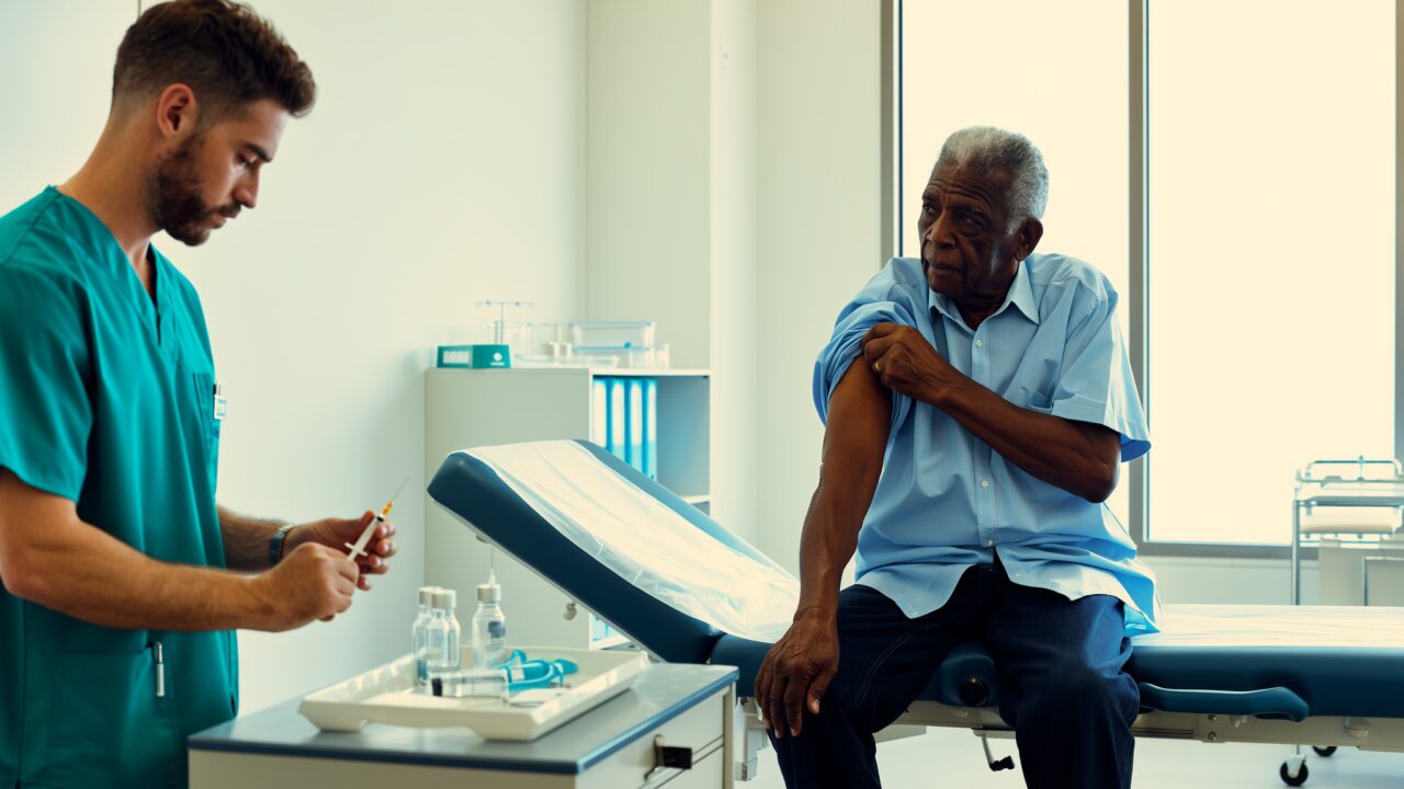 Senior man rolling up his sleeve as a nurse prepares a vaccine at a Tamarac medical clinic