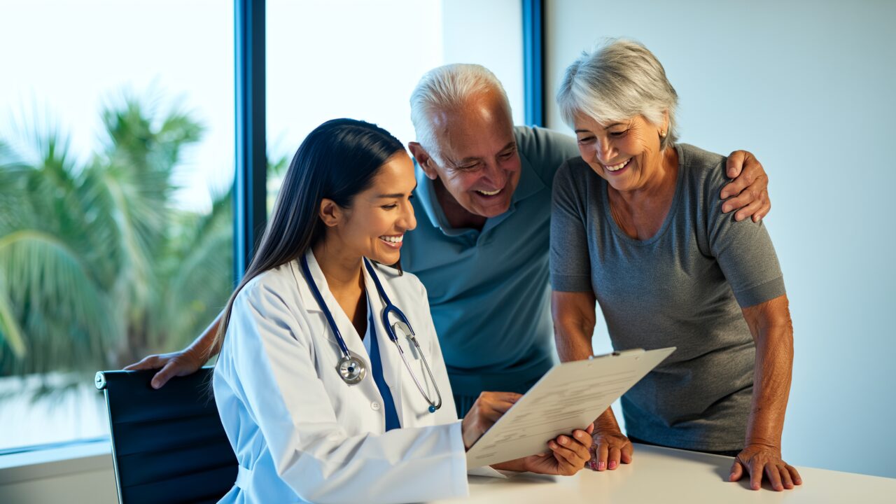 Primary care doctor reviewing an immunization record with a senior couple in Broward County