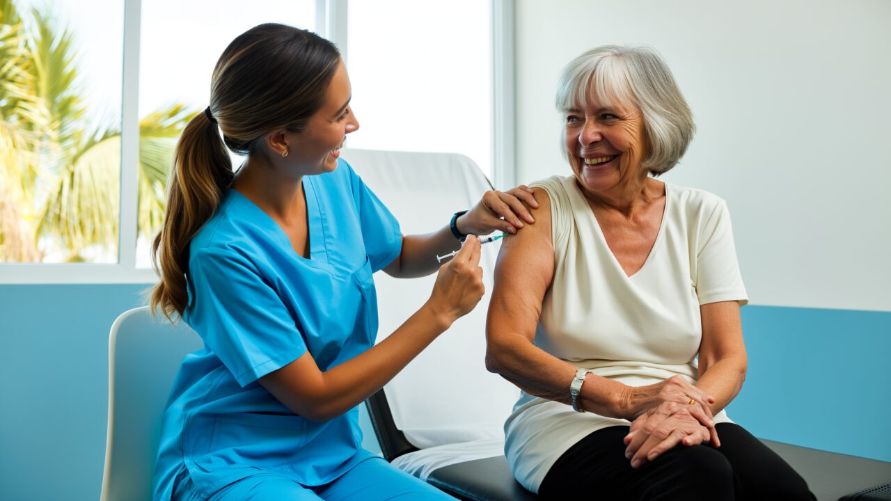 Nurse giving a flu vaccine to a smiling senior woman at a primary care clinic in Broward County