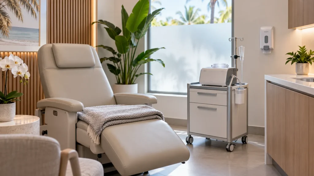 Photo illustration of a bright clinic infusion room with a reclining chair, a blanket, an IV stand and a window with palm trees