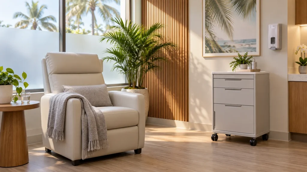 Photo illustration of a calm private treatment room with a cushioned armchair, a grey blanket, a plant and a closed equipment cabinet in soft daylight