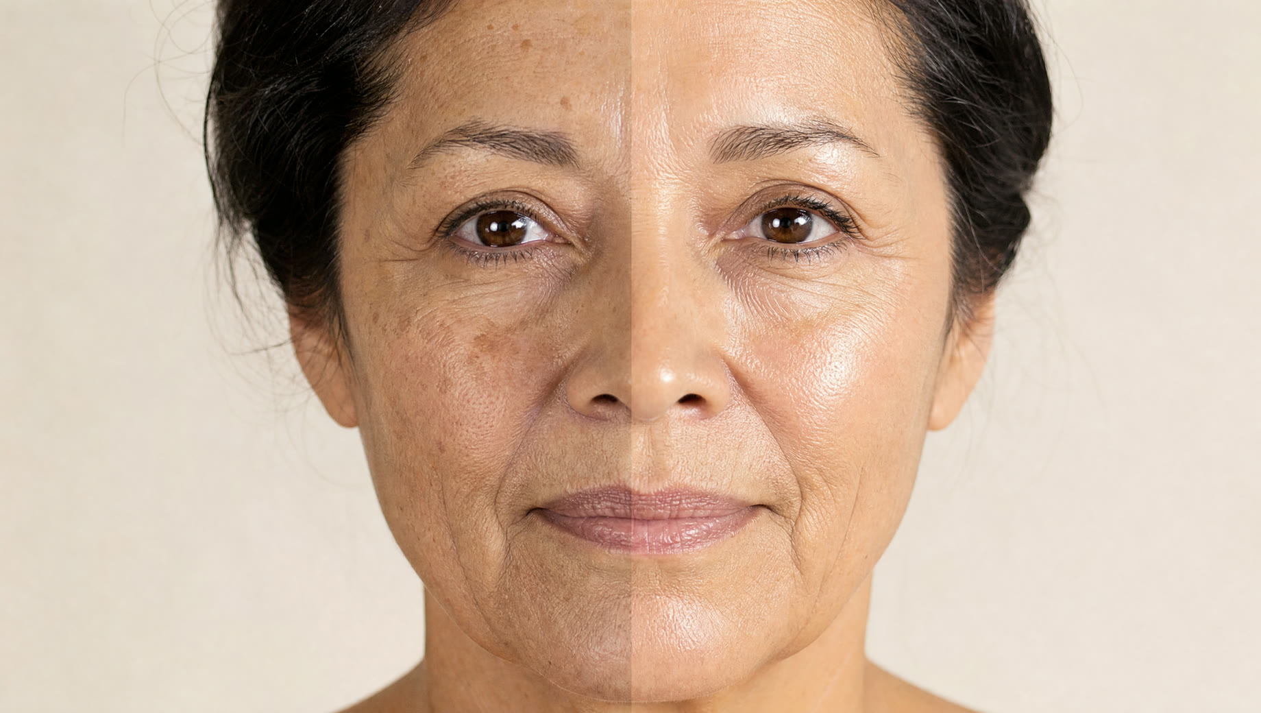 Illustration comparing duller, uneven skin tone with more even tone and softer fine lines