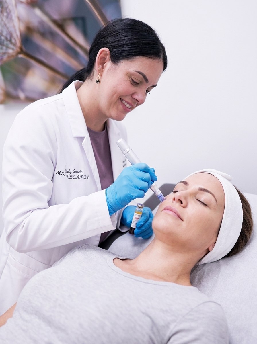 A Metropolitan Medical Center provider performing a PRP microneedling facial in Broward County